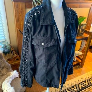 Free people black lace up long sleeve utility coat jacket military look